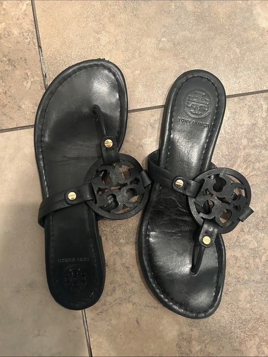 Tory Burch Shoes - Tory Burch Black Leather Logo Thong Sandals with Gold Studs